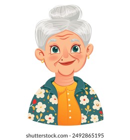 Cute elderly woman in flat vector style, isolated on white background. Portrait of a stylish grandmother. Postcard for Grandparents' Day. Happy Mother's Day