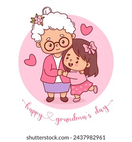Cute elderly woman grandmother with girl granddaughter. Happy grandma's day card. Vector illustration cartoon flat style. Positive happy holiday female character.
