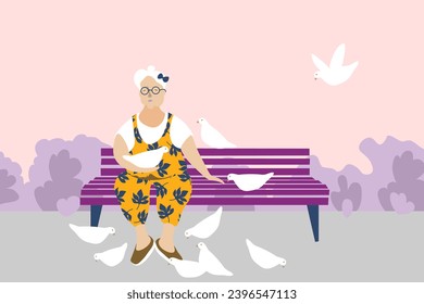 Cute elderly woman sitting on a bench in a city park. Senior women resting outdoors. Grandmother feeds the pigeons. Minimalistic flat design. Cartoon style. Vector illustration.