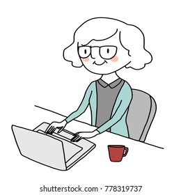 Cute elderly woman using laptop with a mug of hot coffee on her desk. Vector illustration with hand-drawn style. 