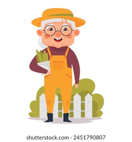 Cute elderly woman working in the garden, growing plants. Grandma dressed as a gardener with a flower pot in her hands. Vector illustration in cartoon style
