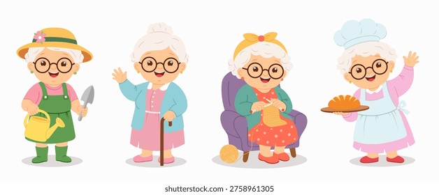 Cute elderly women characters set in different activities: gardening, walking, knitting and baking. Cartoon vector illustration of happy grandmother lifestyle, family and hobby concept.