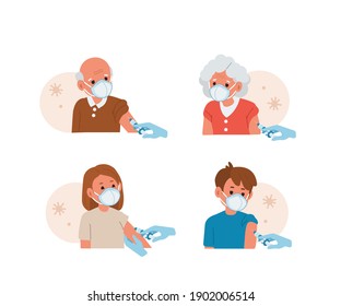 Cute Elderly and Young Characters Receiving Vaccine Injection against Coronavirus. Different Ages People Vaccination. Prevention against Virus and Infection.  Flat Cartoon Vector Illustration.