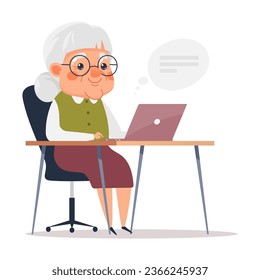 Cute eldery woman working on laptop, communicating online. Old people use computer technology. Cartoon vector illustration