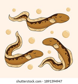 Cute Electric Eel Fish Cartoon Illustrations