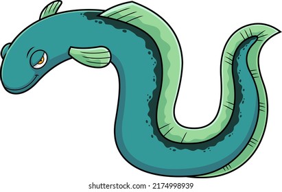 Cute Electric Eel Fish Cartoon Character Is Swimming. Vector Hand Drawn Illustration Isolated On White Background