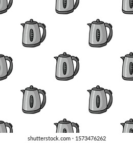 Cute Electric Kettle Cartoon Seamless Vector Pattern. Hand Drawn Electric Appliance Ceramic Kitchen Tile. All Over Print For Hot Drink Blog, Kitchenware Graphic, Household Home Decor. 