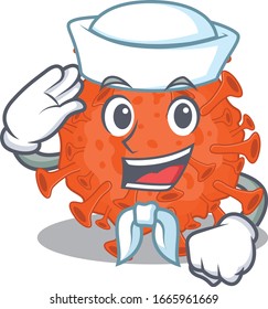 Coronavirus Sailor de microscopio electrónico mate personaje de caricatura con sombrero blanco