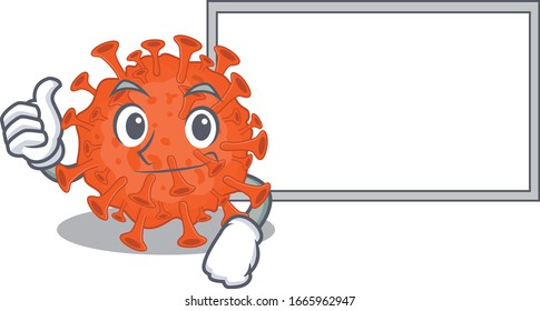 cute electron microscope Thumbs up coronavirus cartoon character holds a white board