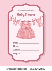 Cute elegant baby shower invitation template with pink baby girl clothes flat illustrations perfect for announcements, party cards, or newborn celebration
