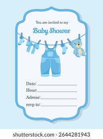 Cute elegant baby shower invitation template with blue boy clothes flat illustrations, perfect for greeting cards, birth announcements, and newborn celebration designs