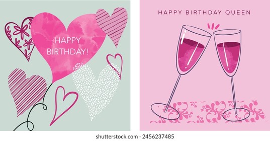 cute elegant birthday card designs pink hearts and cheering champagne