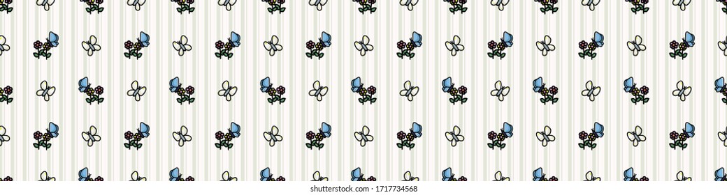 Cute elegant butterfly on floral bloom seamless vector border. Hand drawn growing garden for stay home illustration. Beautiful wildlife on garden flowers all over print background. 