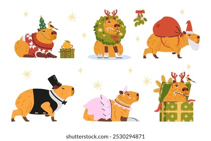 Lindos y elegantes capibaras en traje de Navidades sombreros de Santa, cornamentas de ciervo, suéter, vestido de bola, cilindro, sentado en caja de regalo, bolso con juguetes, Ilustraciones vectoriales planas aisladas en blanco.