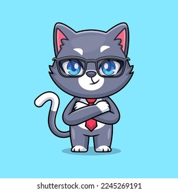 cute elegant cat wearing glasses and tie cartoon vector