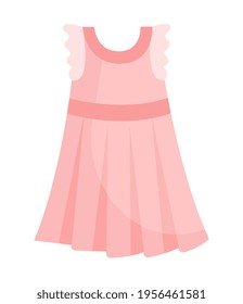 Cute elegant child light pink dress for special occasions. Comfortable bright clothing piece with designer parts suitable for women. Flat cartoon vector illustration isolated on white background