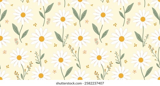 Cute and Elegant Daisy Flowers with a minimalistic yet charming aesthetic in a seamless pattern