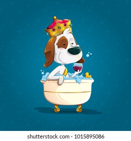cute elegant dog bathing with crown in an old bathtub with soapy foam holding a glass of wine accompanied by a rubber duck on blue bubble background