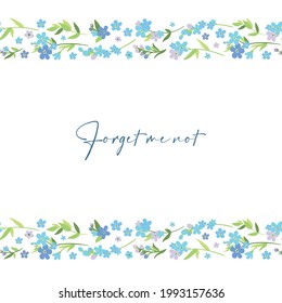 Cute and elegant floral background. Banner with wildflowers. Vector blue forget-me-not flowers.Horizontal seamless border. Square frame for your design, greeting cards, announcements, posters. 