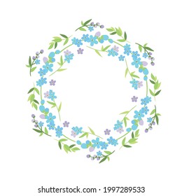 Cute and elegant floral background. Banner with wildflowers. Vector blue forget-me-not flowers. Circle frame for your design, greeting cards, announcements, posters. Wedding Invitation Card