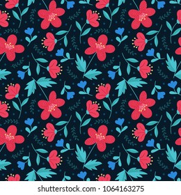 Cute elegant floral hand drawn seamless pattern. Red and blue flowers on dark background. Ditsy print. Perfect for textil design, scrapbooking etc. Vector illustration