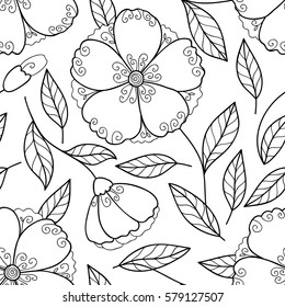 Cute elegant floral seamless pattern. Abstract black and white flower seamless pattern. Monochrome simple doodle print.