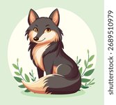 Cute and elegant forest wolf with gray fur and beautiful eyes sits calmly among green plants on a white background. Vector illustration for wildlife, forest animals, or eco-friendly designs.