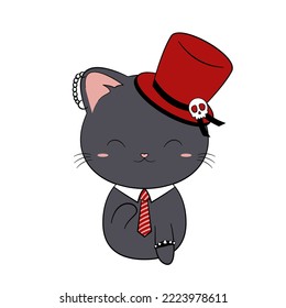 Cute elegant gothic black cat with cylinder hat and a tie. Vector illustration.
