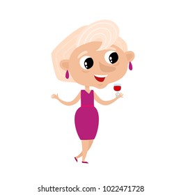 Cute elegant grandmother in cartoon style isolated on white. Vector illustration of happy standing old woman with glass of wine used for magazine, book, poster, greeting card.