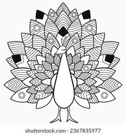 süße elegante Grafik Mandala Art Animal Illustration for Relaxation und Zen Art einzeln für die Färbung von Buch- und Farbseiten Cartoon Charakter Umriss Vektorgrafik Pfau