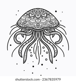 cute elegant graphic Mandala art Animal Illustration for Relaxation and Zen Art isolated for coloring book and coloring pages cartoon character outline vector illustration jellyfish