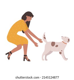 Cute Elegant Lady Chasing Her Funny Playing Dog. Active And Playful Spending Time With Family Pet Cartoon Vector Illustration