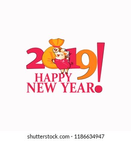 Cute elegant pig with a bag of Chinese money. Chinese New Year. Chinese symbol of the 2019 year. Greeting card, festive gift card with a festive greeting.