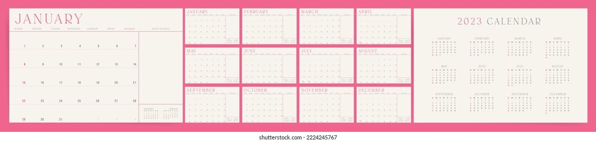 Cute and elegant pink 2023 calendar template. Vector planner calendar with notes and place for schedule. Minimal modern organizer for desktop or wall. 