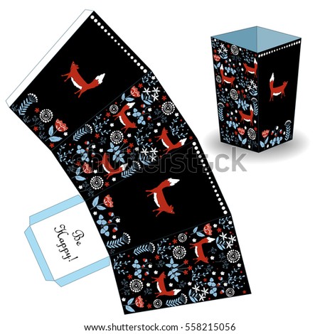 Cute and elegant popcorn box in doodle forest style. Favor, gift box. Just print, cut out, and glue it together.