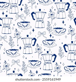 Cute and Elegant Seamless Breakfast Pattern with Moka Coffee Pot, Teacups, Mugs, Peony Flowers, and Bows. Hand-Drawn Vector background