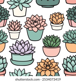 Cute elegant seamless pattern with big succulents on baby pink background. Different species of succulent planted in pots