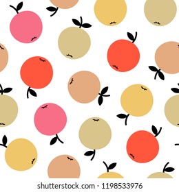 Cute, elegant seamless pattern. Little graphical colorful apples with black twig and leaf.
