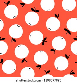 Cute, elegant seamless pattern. Little graphical white apples with black twig and leaf on elegant red background.