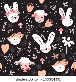 Cute and elegant seamless pattern with spring woodland animals like bunnies, fawns and sheeps. Modern simple surface design for baby nursery or Easter theme art. Nordic style, dark black background.