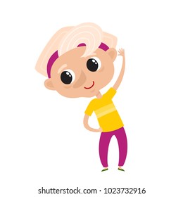 Cute elegant sporty grandmother in cartoon style isolated on white. Vector illustration of happy standing old woman doing exersizes used for magazine, book, poster, greeting card.