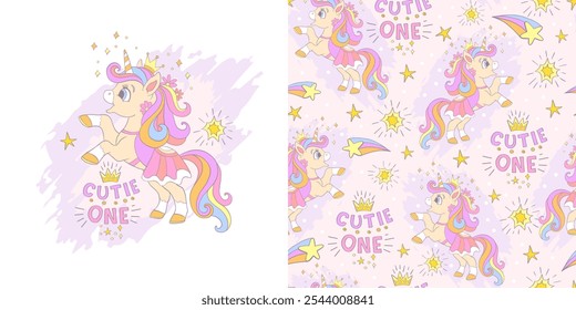 Cute elegant unicorn. Lettering Cutie one. Isolated character and seamless pattern. Vector illustration. Card and background with unicorn. For clothes design, fabrics, print, decoration, linen, dishes