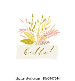 Cute and elegant vector floral bouquet. Pastel tone plant composition and badge. Summer spring and autumn stylish emblem and logo design elements.