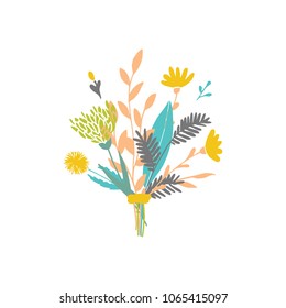 Cute and elegant vector floral bouquet. Pastel tone plant composition. Summer spring and autumn stylish emblem and logo design elements.