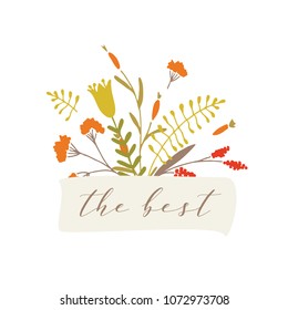 Cute and elegant vector floral bouquet. Pastel tone plant composition and badge. Summer spring and autumn stylish emblem and logo design elements.