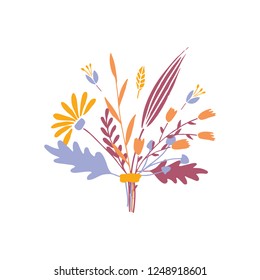 Cute and elegant vector floral bouquet. Pastel tone plant composition. Summer spring and autumn stylish emblem and logo design elements.