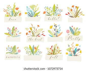 Cute and elegant vector floral bouquets. Pastel tone plant compositions and badges. Summer spring and autumn stylish emblems and logo design elements.