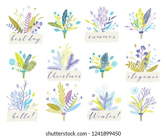Cute and elegant vector floral bouquets. Pastel tone plant compositions and badges. Spring autumn winter Christmas stylish emblems and logo design elements.