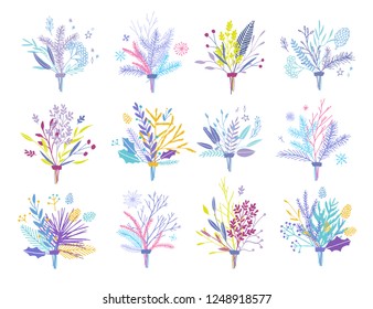 Cute and elegant vector floral bouquets. Pastel tone plant compositions. Spring autumn and winter Christmas stylish bouquets.