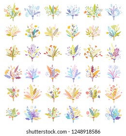 Cute and elegant vector floral bouquets. Pastel tone plant compositions. Summer spring autumn and winter Christmas stylish bouquets.